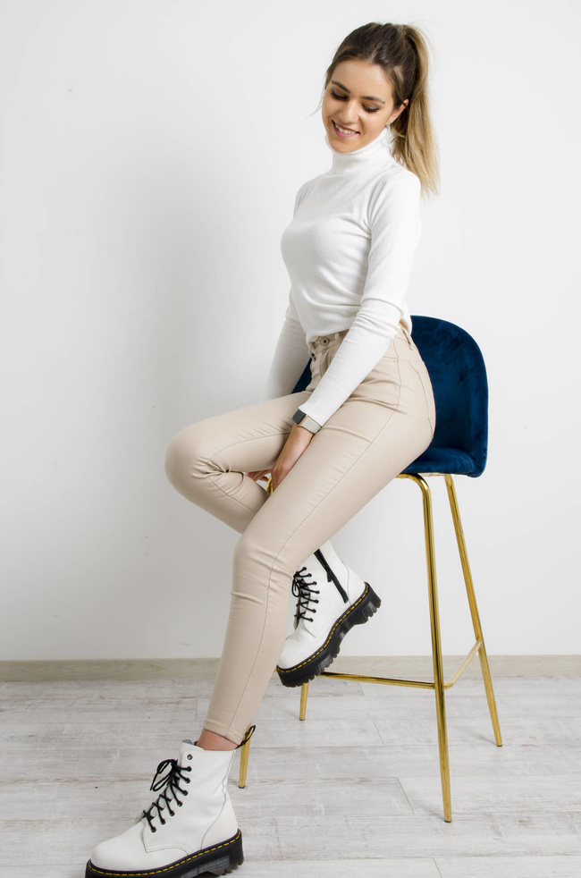 BEŻOWE WOSKOWANE SPODNIE Z WYSOKIM STANEM- OCIEPLANE