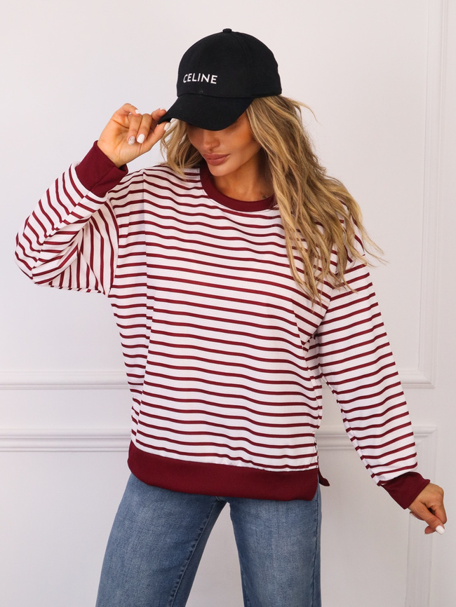 BLUZA BAWEŁNIANA OVERSIZE W PASKI -BORDOWA