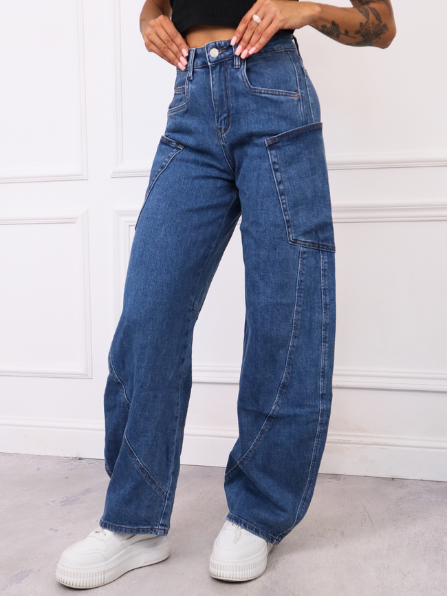 SPODNIE JEANSOWE Z NOGAWKAMI TYPU BARREL- NIEBIESKIE