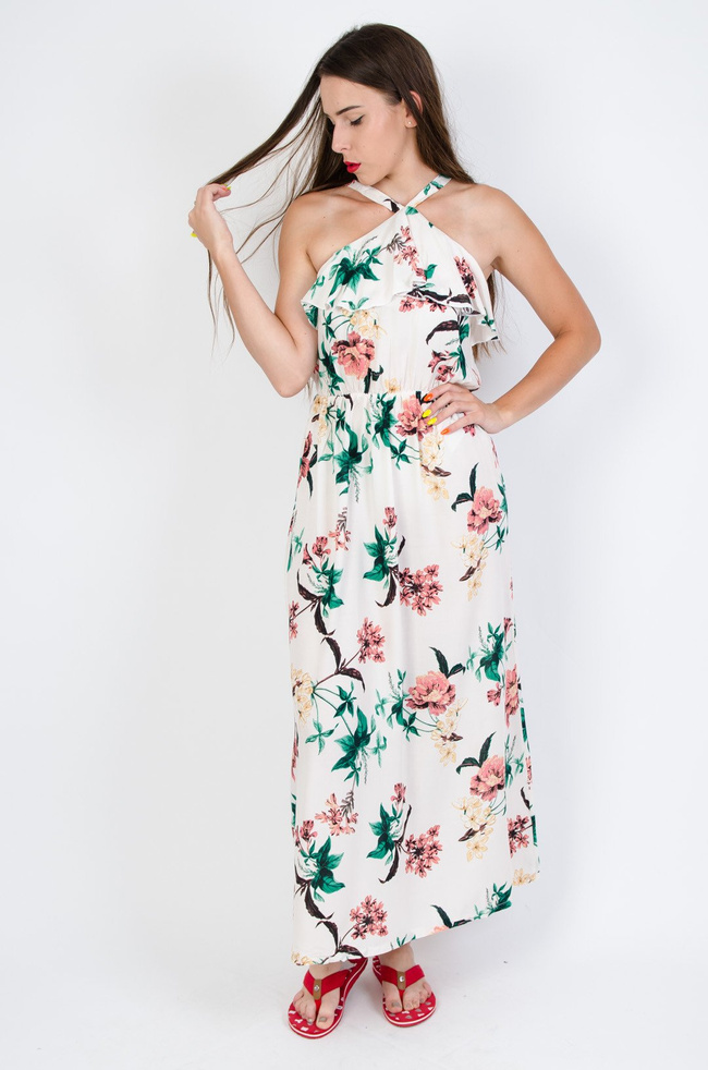 Kremowa sukienka pod szyję w kwiaty