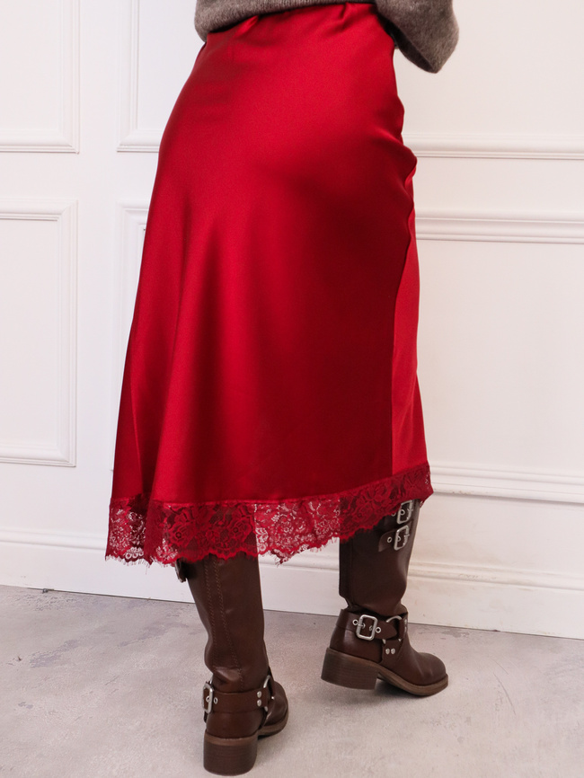 SPÓDNICA SATYNOWA MIDI Z ROZCIĘCIEM I KORONKĄ-BORDOWA