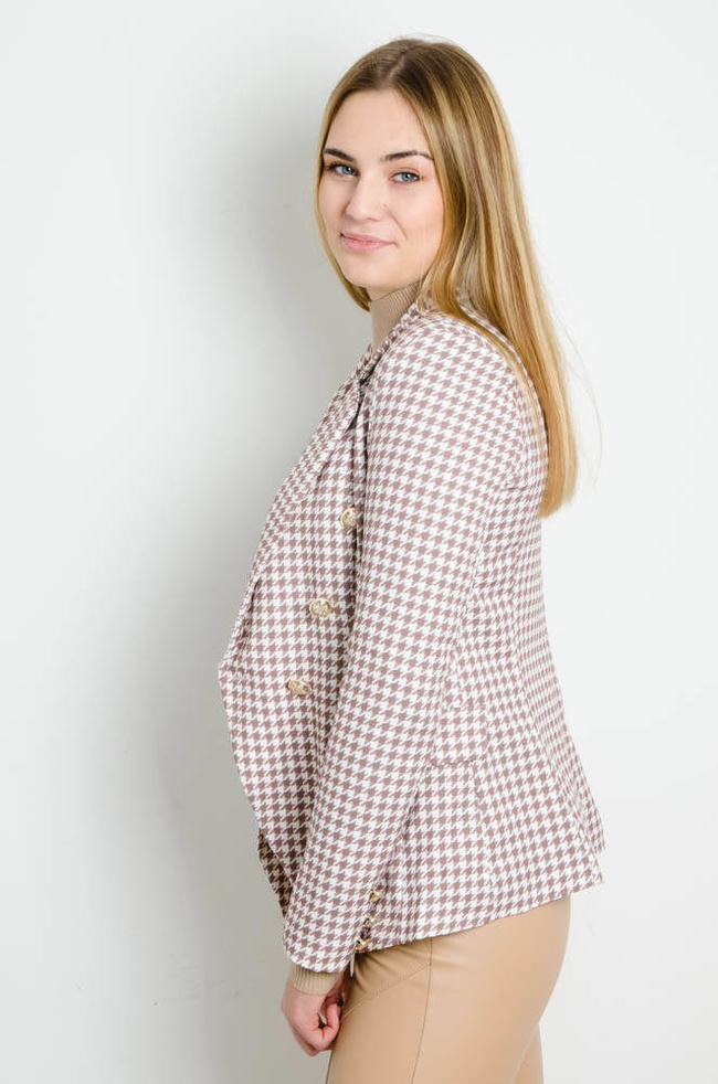BIAŁO- BEŻOWA MARYNARKA W PEPITKĘ ZAPINANA NA ZŁOTE GUZIKI