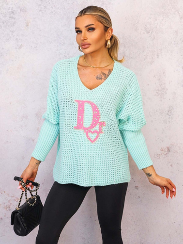 SWETER OVERSIZE O KROJU NIETOPERZA Z OZDOBNĄ APLIKACJĄ- ZIELONY