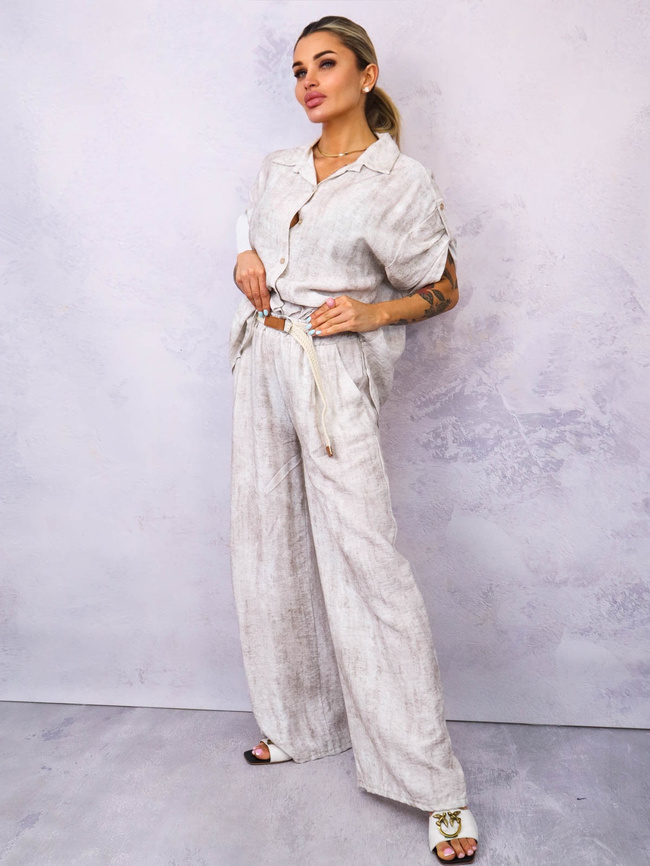 KOMPLET Z WISKOZY KOSZULA+ SPODNIE Z PLECIONYM PASKIEM- JASNOBEŻOWY