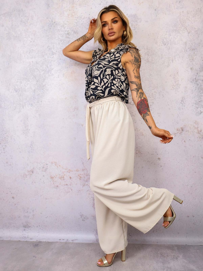 SPODNIE SZEROKIE Z GUMĄ I WIĄZANIEM W PASIE- BEŻOWE