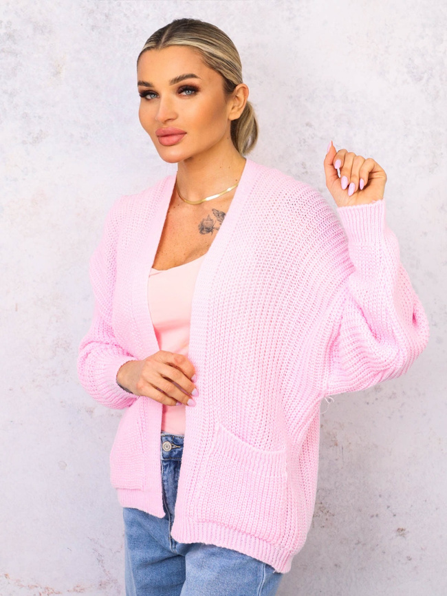 NARZUTA KARDIGAN DZIANINOWY Z KIESZENIAMI- JASNORÓŻOWY