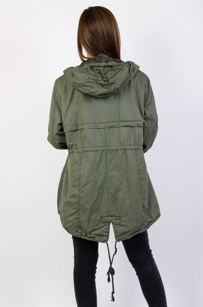 Zielona, asymetryczna kurtka parka