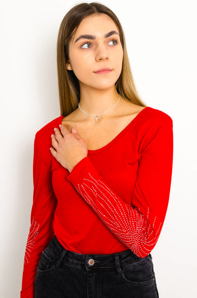 BLUZKA Z OZDOBNYMI CYRKONIAMI NA RĘKAWACH- CZERWONA