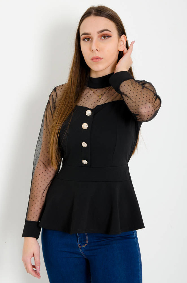 CZARNA ELEGANCKA BLUZKA BASKINKA Z OZDOBNYMI GUZIKAMI