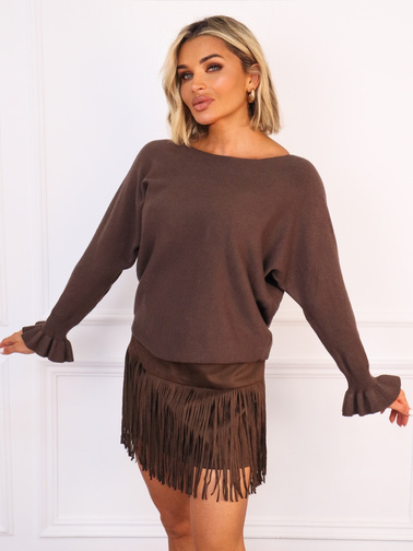 SWETER Z FALBANKAMI PRZY RĘKAWACH- CZEKOLADOWA