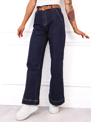 SPODNIE JEANSOWE Z WYSOKĄ TALIĄ I DŁUGIMI NOGAWKAMI + PASEK- GRANATOWE