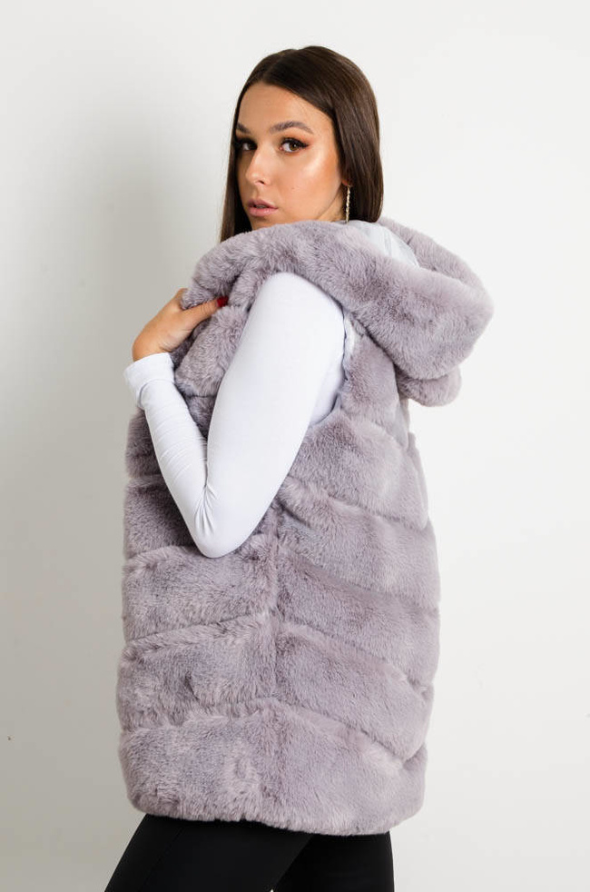 SZARA FUTRZANA KAMIZELKA Z KAPTUREM