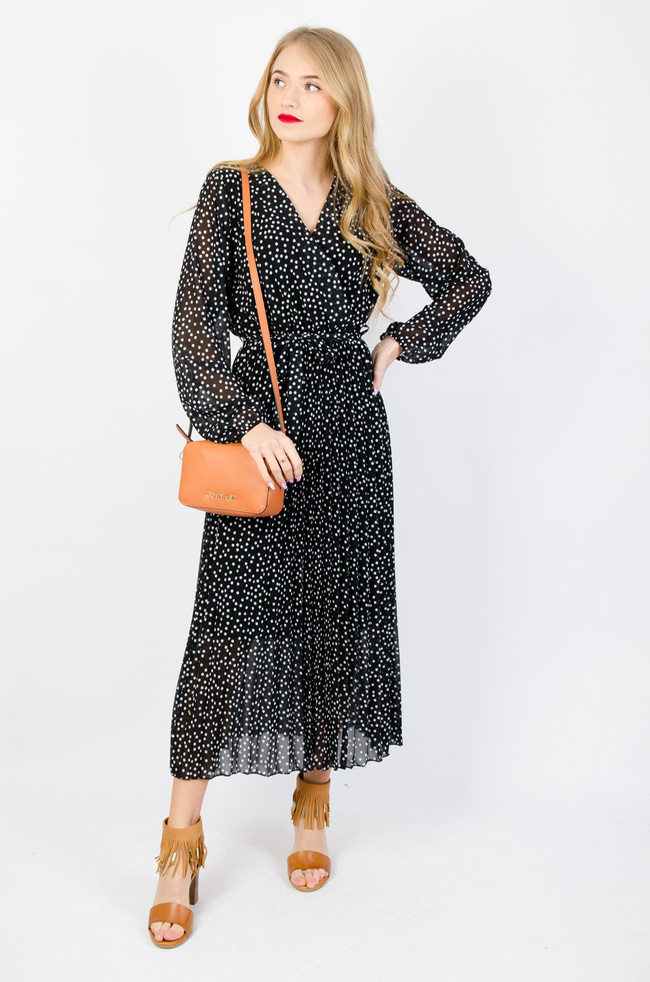 SZYFONOWA SUKIENKA W KROPKI Z PLISOWANYM DOŁEM - CZARNA