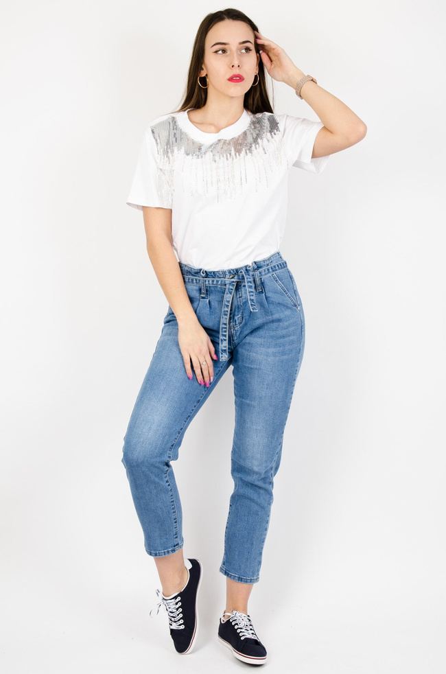 SPODNIE JEANSOWE Z WYSOKIM STANEM WIĄZANE W PASIE 