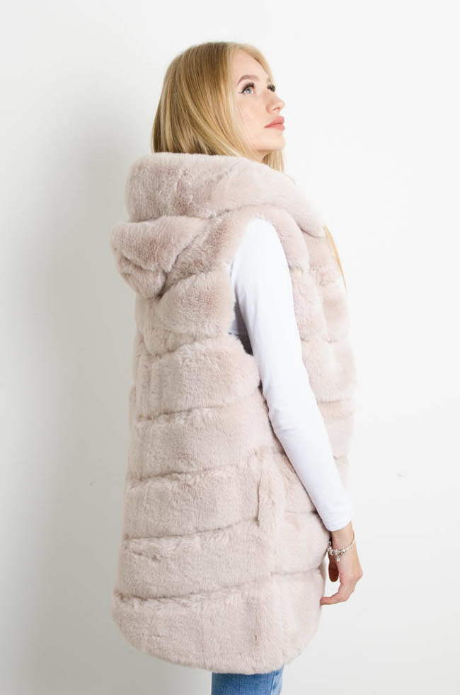 BEŻOWA FUTRZANA KAMIZELKA Z KAPTUREM