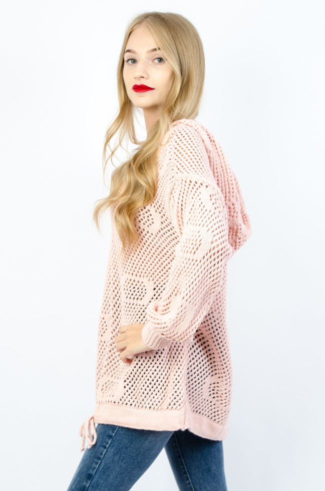 RÓŻOWY AŻUROWY SWETER Z KAPTUREM