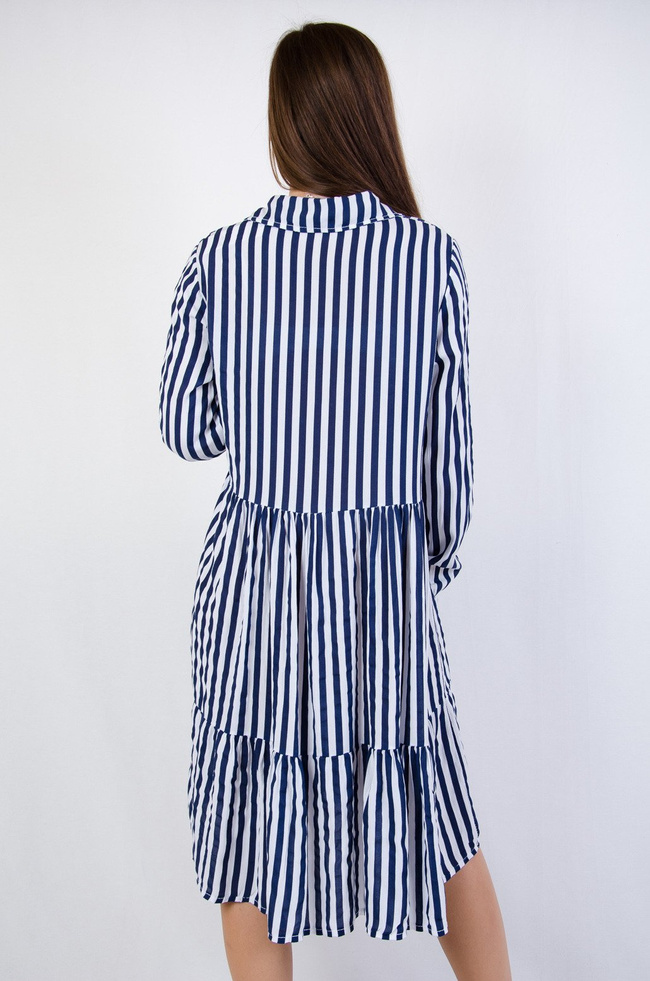 Sukienka w biało granatowe pionowe pasy