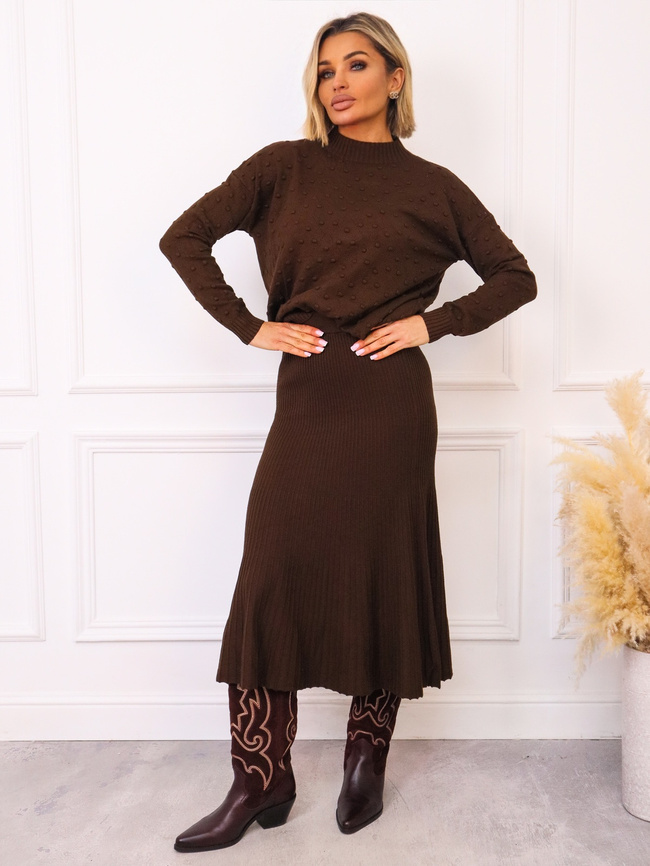 SPÓDNICA PRĄŻKOWANA Z DZIANINY- CZEKOLADOWA