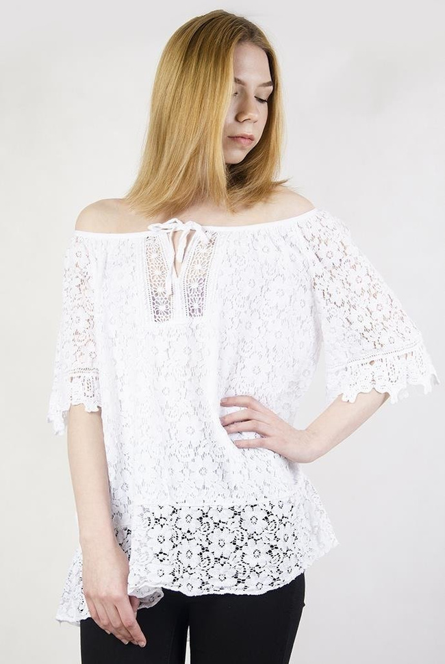 Biała bluzka ażurowa, z hiszpańskim dekoltem