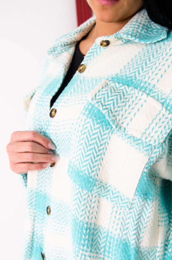 BIAŁO-ZIELONA BAWEŁNIANA KOSZULA-KURTKA W KRATĘ