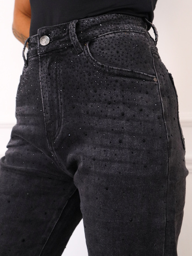 SPODNIE JEANSOWE MOM FIT ZDOBIONE CYRKONIAMI- CZARNE