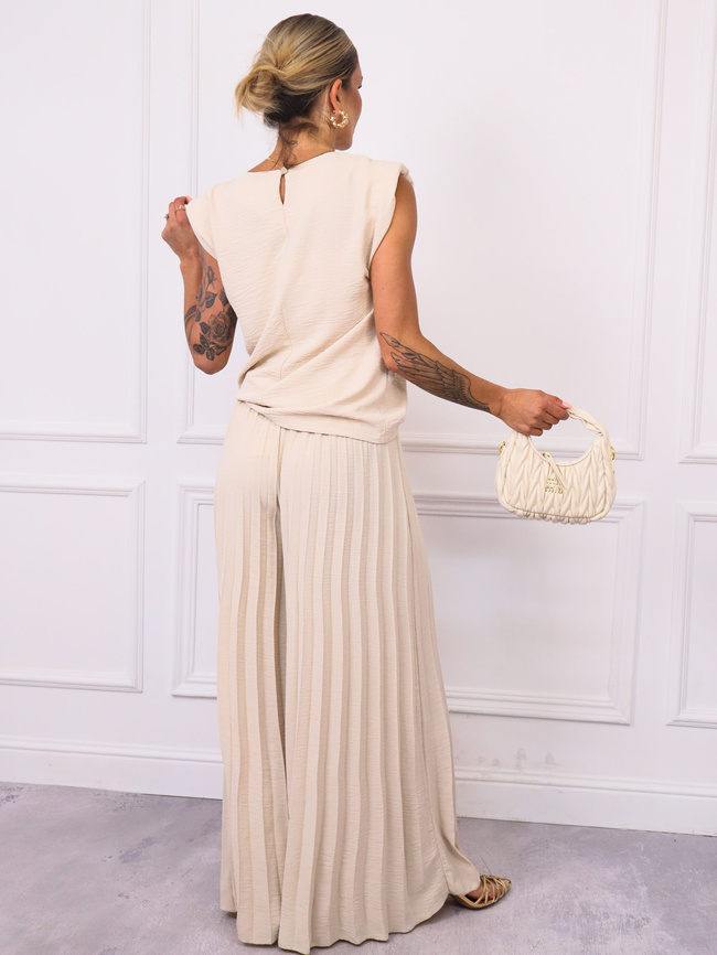 KOMPLET BLUZKA+ SZEROKIE PLISOWANE SPODNIE- BEŻOWY