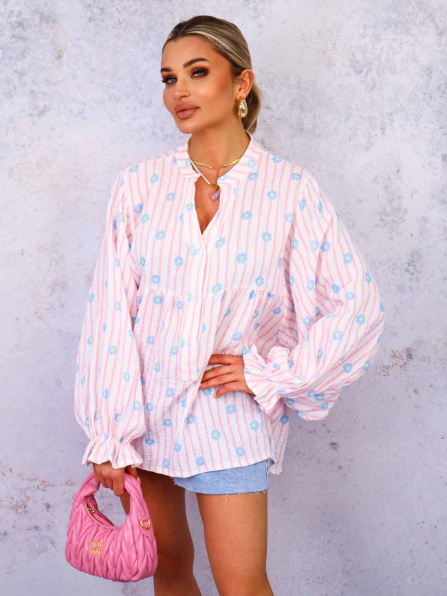 BLUZKA KOSZULOWA OVERSIZE W PASKI I KWIATY- RÓŻOWA