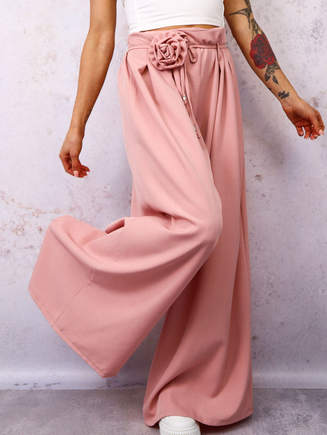 SPODNIE MATERIAŁOWE Z SZEROKIMI NOGAWKAMI I WIĄZANIEM W PASIE- PUDROWY RÓŻ