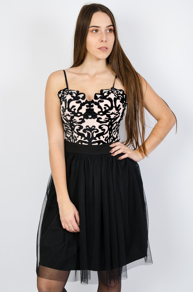 CZARNO-RÓŻOWA SUKIENKA GORSETOWA Z TIULEM