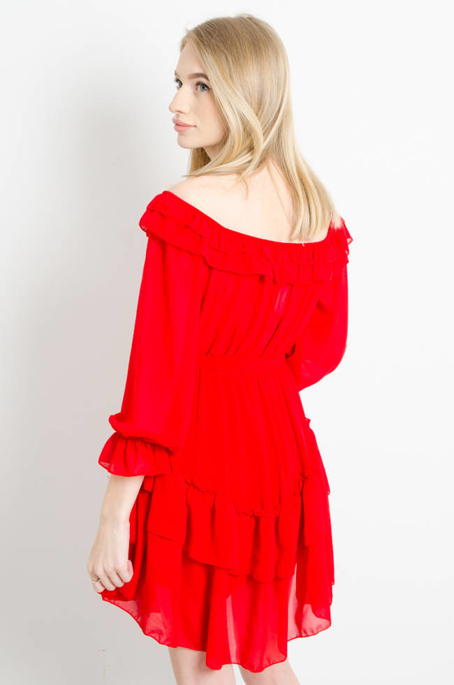 SUKIENKA SZYFONOWA  Z HISZPAŃSKIM DEKOLTEM CZERWONA 