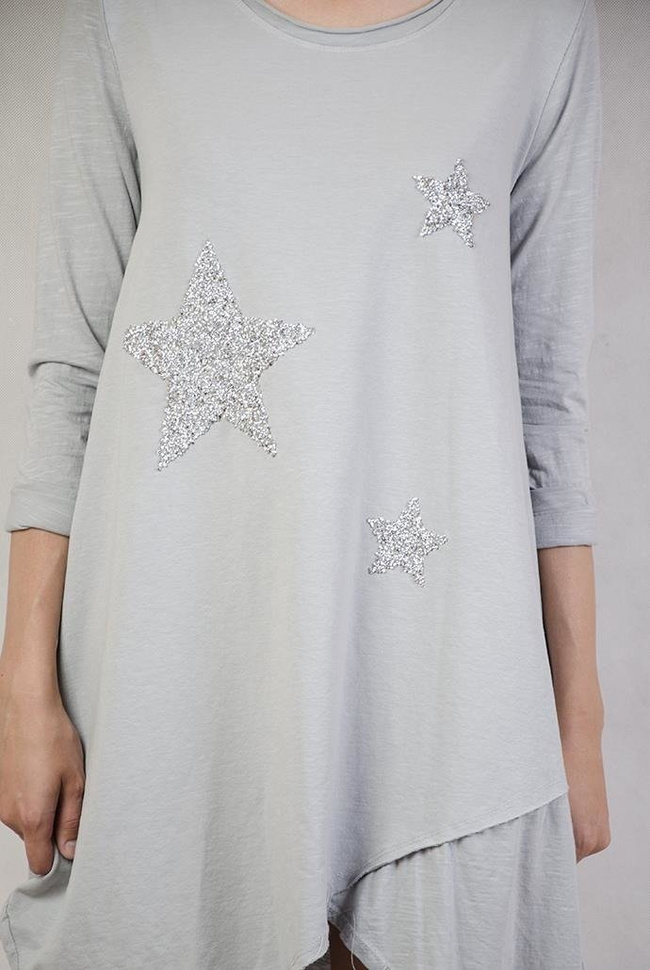 Asymetryczna tunika z gwiazdkami szara
