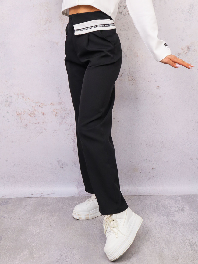 SPODNIE MATERIAŁOWE ELEGANCKIE Z MANKIETEM W PASIE- CZARNE