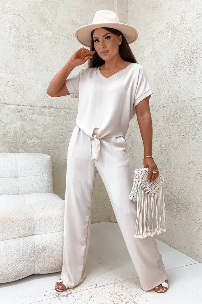 KOMPLET BLUZKA W SEREK+ SPODNIE- BEŻOWY