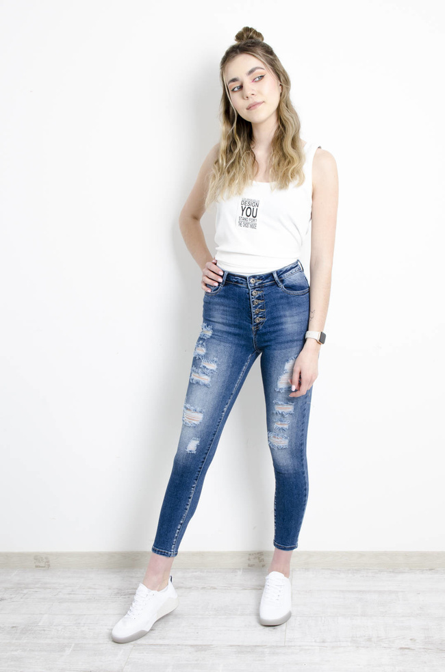 JEANSOWE PRZYLEGAJĄCE SPODNIE Z PRZETARCIAMI- WYSOKI STAN