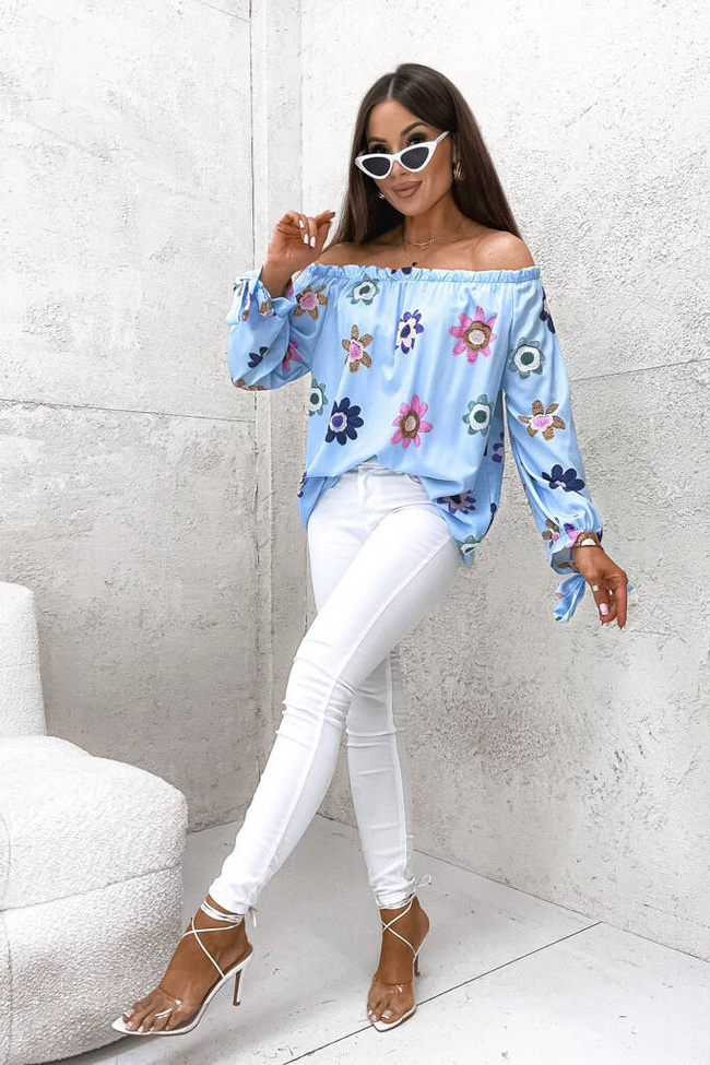 BLUZKA HISZPANKA W KWIATY Z WIĄZANIEM NA RĘKAWACH- NIEBIESKA