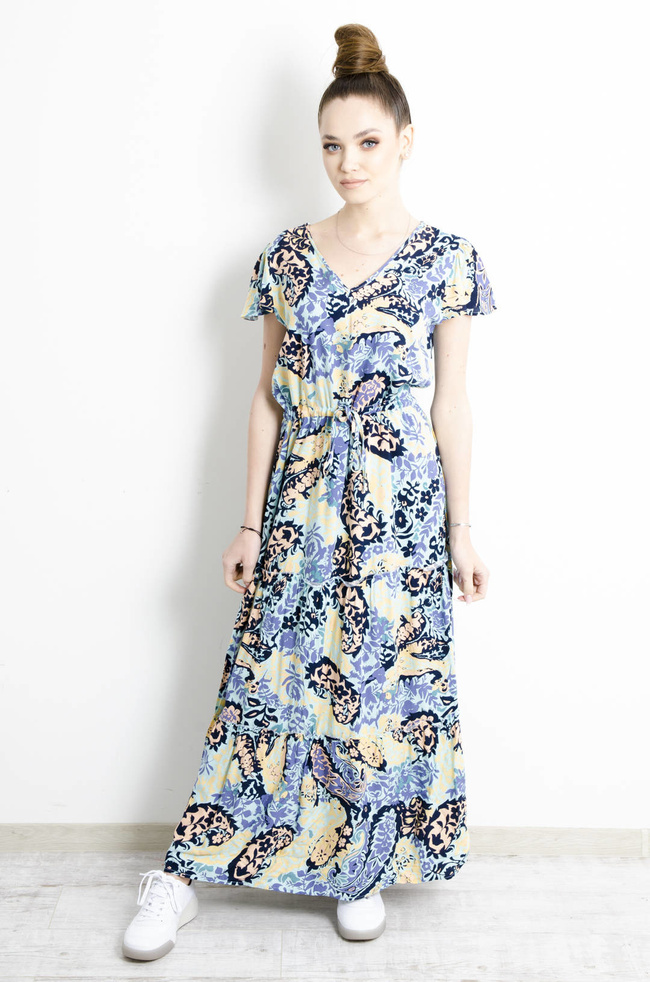 SUKIENKA MAXI WZORZYSTA WIĄZANA W PASIE- NIEBIESKA