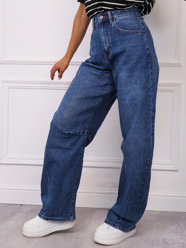 SPODNIE JEANSOWE WIDE  Z PRZECZYCIAMI NA NOGAWCE- GRANATOWE