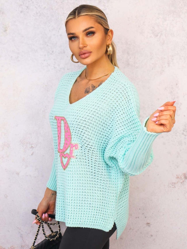 SWETER OVERSIZE O KROJU NIETOPERZA Z OZDOBNĄ APLIKACJĄ- ZIELONY