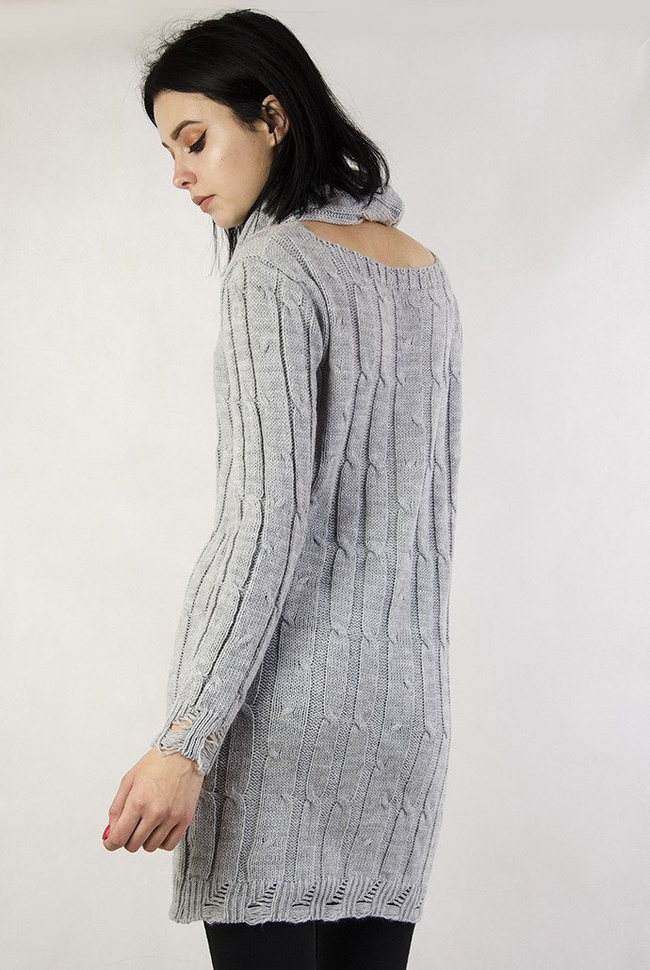 Szary sweter przedłużany, z kominem