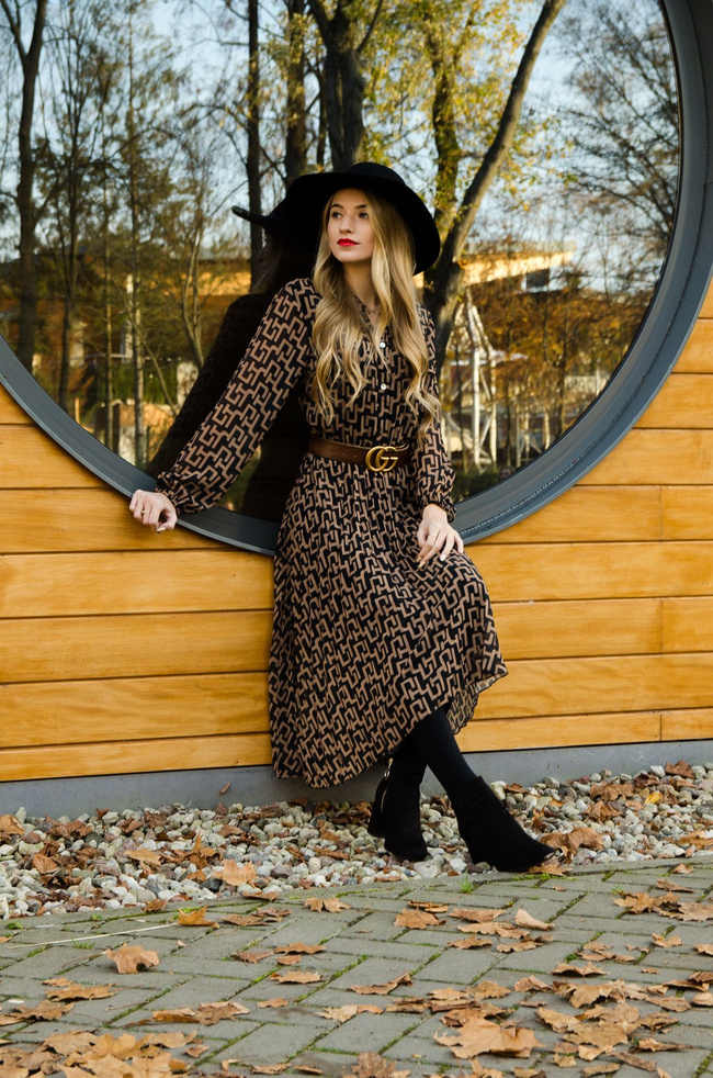 Brązowo-czarna sukienka Midi