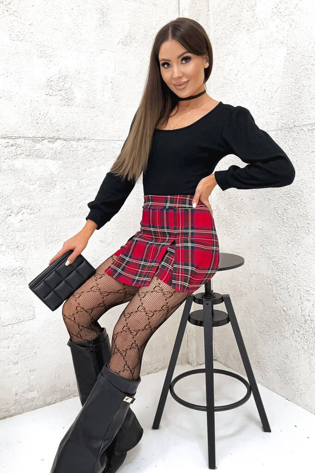 CZERWONE SPÓDNICO SPODENKI W KRATĘ Z WYSOKIM STANEM