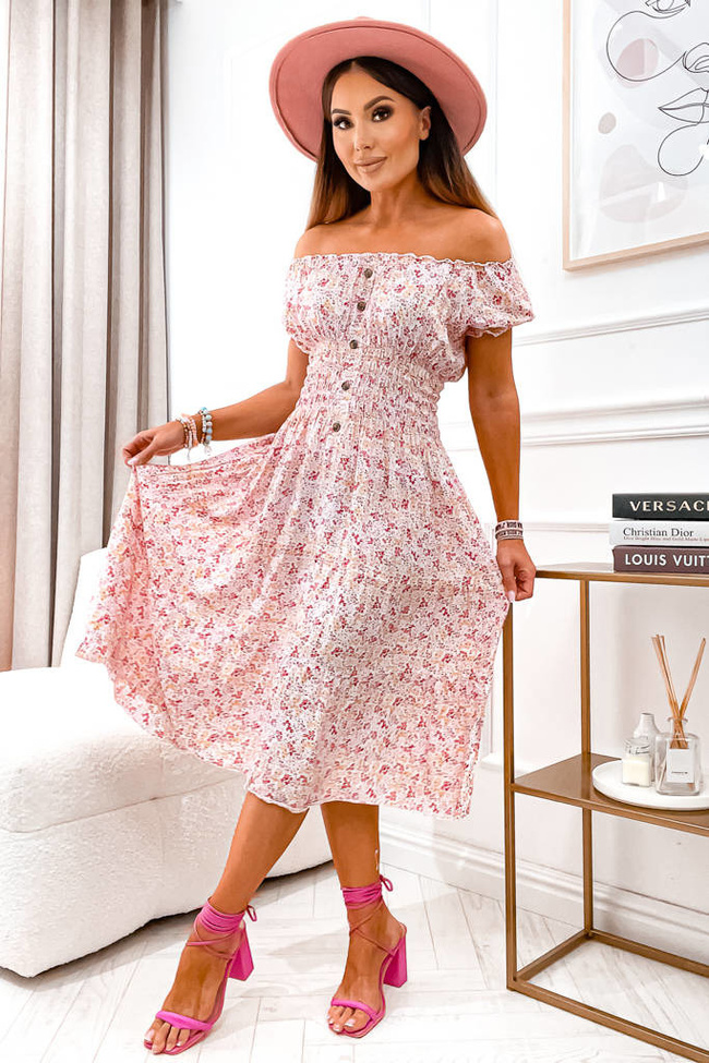 SUKIENKA HISZPANKA MIDI W KWIATY Z GUMĄ W PASIE I GUZIKAMI- BIAŁA