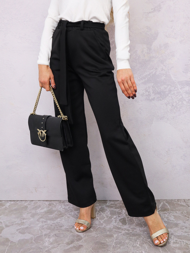 ELEGANCKIE SPODNIE Z WIĄZANIEM W PASIE- CZARNE