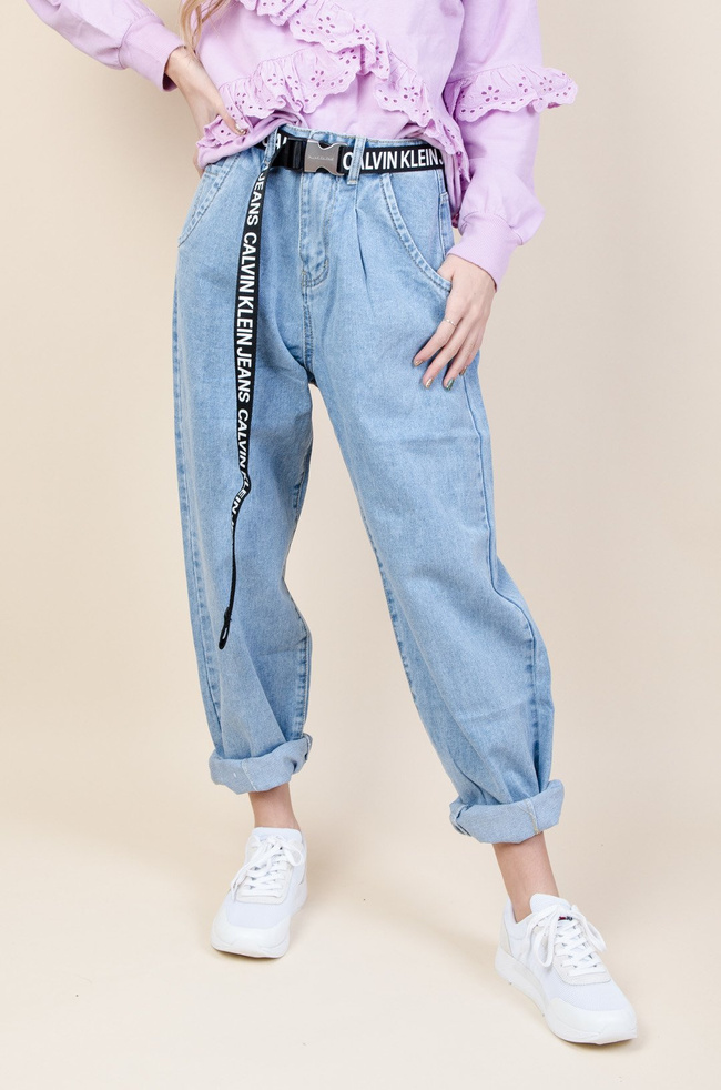 Niebieskie spodnie typu balloon jeans z wysokim stanem 