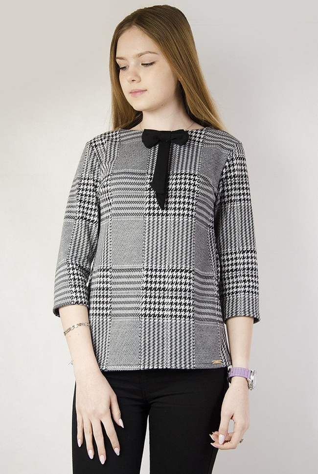 Bluzka w pepitkę z czarną kokardą przy dekolcie