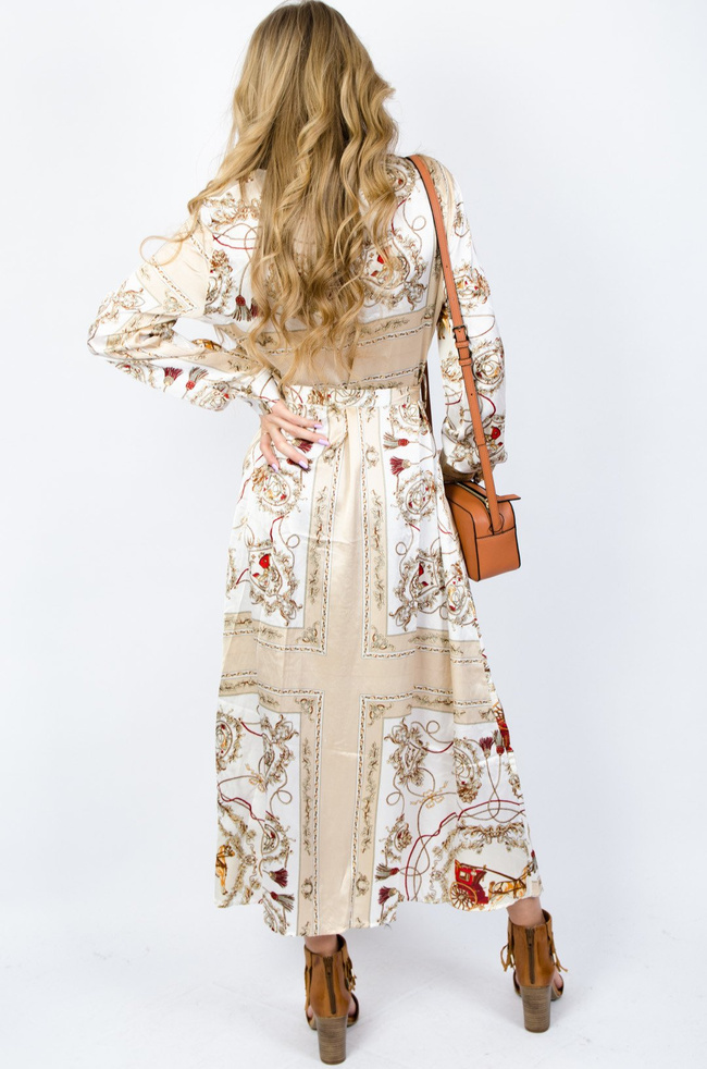 BEŻOWA SATYNOWA SUKIENKA WE WZORY