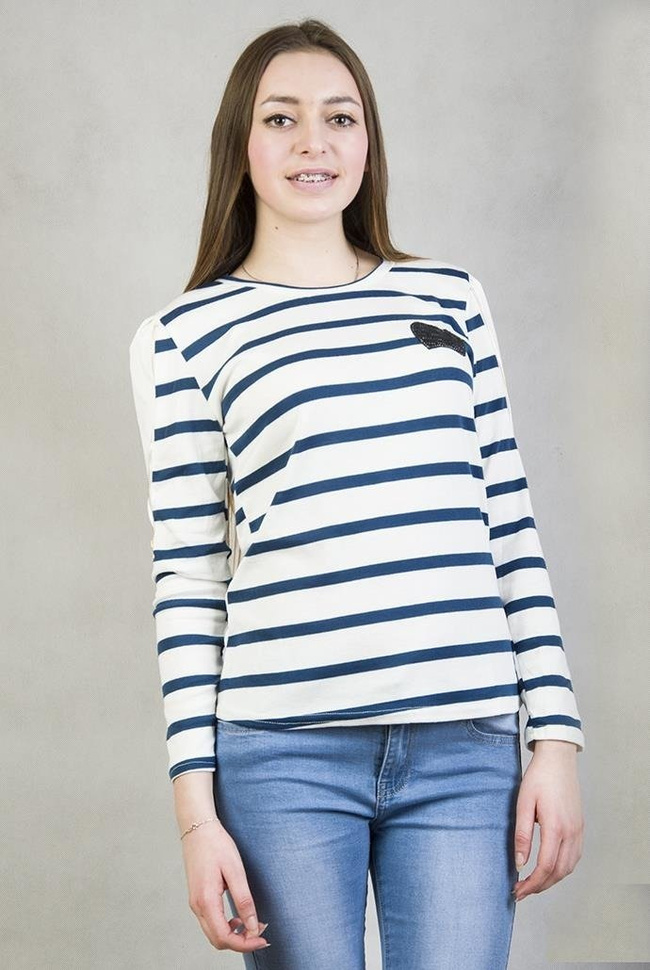 Biało-granatowa bluzka w paski z czarnym serduszkiem w cekiny