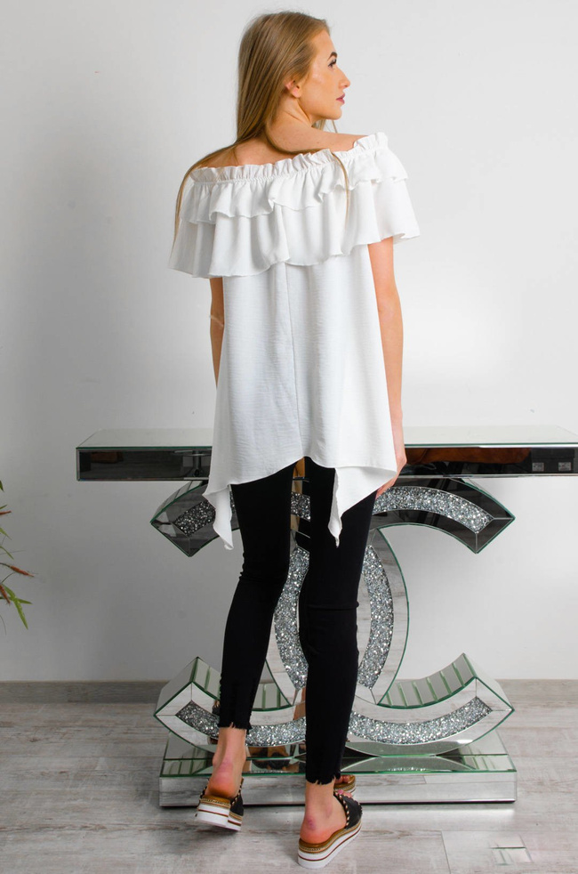 BIAŁA BLUZKA Z FALBANĄ ORAZ DŁUŻSZYMI BOKAMI