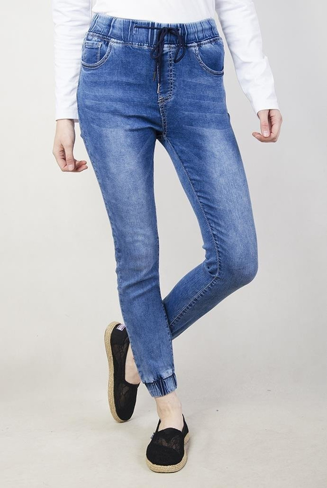 Spodnie jeansowe ze ściągaczami i sznurkiem w pasie