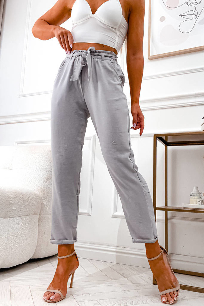 SPODNIE PAPERBAG Z WIĄZANIEM W PASIE- SZARE